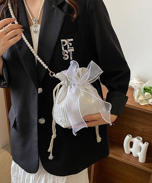shopnikoniko(ショップニコニコ)の「浴衣 バッグ 巾着バッグ ショルダー ミニ カバン 結婚式 バッグ レース リボン パール 巾着 ショルダーバッグ(ショルダーバッグ・レディース・ホワイト/ブラック/ピンク・フリー)」の5枚目の写真