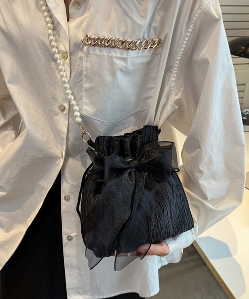 shopnikoniko(ショップニコニコ)の「浴衣 バッグ 巾着バッグ ショルダー ミニ カバン 結婚式 バッグ レース リボン パール 巾着 ショルダーバッグ(ショルダーバッグ・レディース・ホワイト/ブラック/ピンク・フリー)」の8枚目の写真