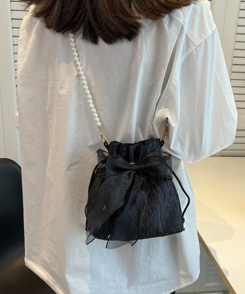 shopnikoniko(ショップニコニコ)の「浴衣 バッグ 巾着バッグ ショルダー ミニ カバン 結婚式 バッグ レース リボン パール 巾着 ショルダーバッグ(ショルダーバッグ・レディース・ホワイト/ブラック/ピンク・フリー)」の9枚目の写真
