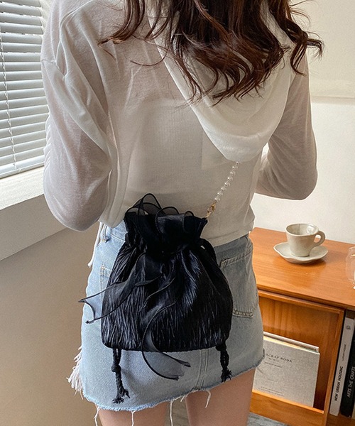 shopnikoniko(ショップニコニコ)の「浴衣 バッグ 巾着バッグ ショルダー ミニ カバン 結婚式 バッグ レース リボン パール 巾着 ショルダーバッグ(ショルダーバッグ・レディース・ホワイト/ブラック/ピンク・フリー)」の11枚目の写真