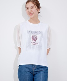 袖シフォンビジューTシャツ