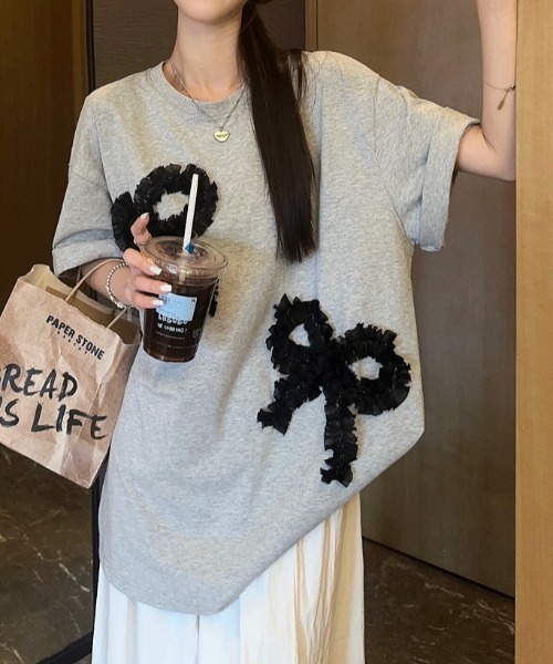 N.s(エヌドットエス)の「リボンドッキングオーバーサイズTEE(Tシャツ/カットソー・レディース・グレー/ホワイト/ブラック・FREE)」の3枚目の写真