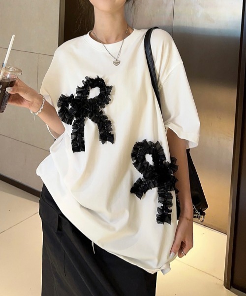 N.s(エヌドットエス)の「リボンドッキングオーバーサイズTEE(Tシャツ/カットソー・レディース・グレー/ホワイト/ブラック・FREE)」の1枚目の写真