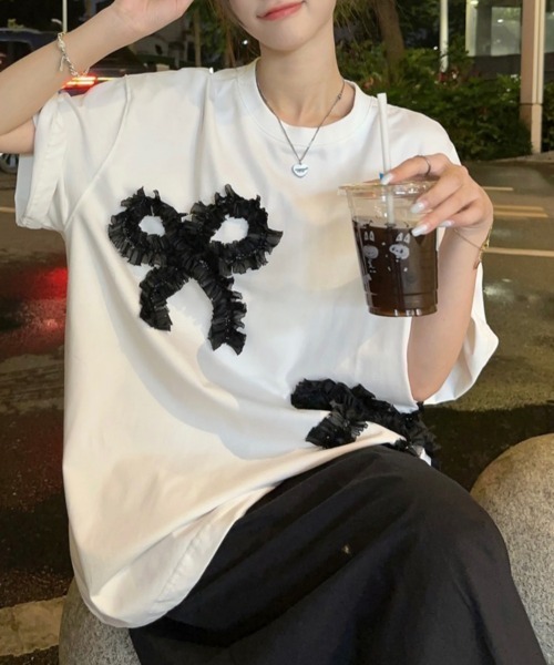 N.s(エヌドットエス)の「リボンドッキングオーバーサイズTEE(Tシャツ/カットソー・レディース・グレー/ホワイト/ブラック・FREE)」の4枚目の写真