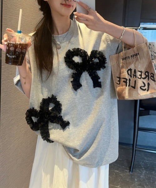 N.s(エヌドットエス)の「リボンドッキングオーバーサイズTEE(Tシャツ/カットソー・レディース・グレー/ホワイト/ブラック・FREE)」の7枚目の写真