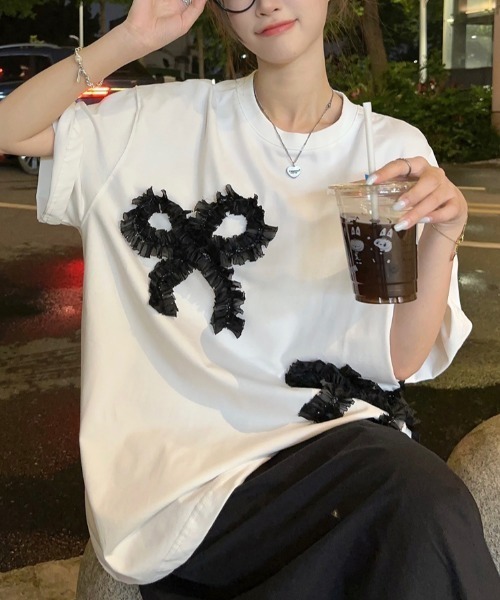 N.s(エヌドットエス)の「リボンドッキングオーバーサイズTEE(Tシャツ/カットソー・レディース・グレー/ホワイト/ブラック・FREE)」の8枚目の写真