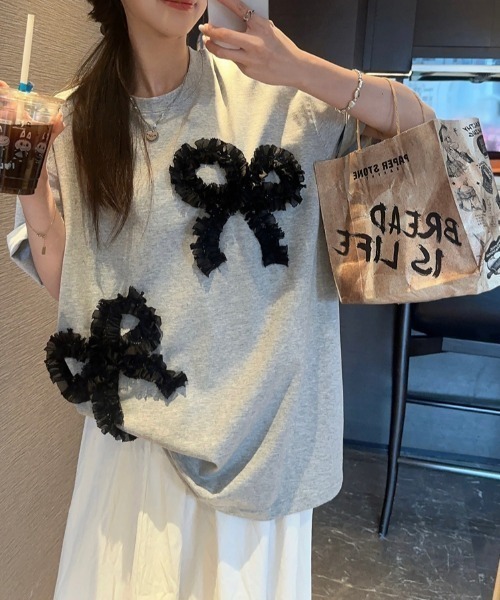 N.s(エヌドットエス)の「リボンドッキングオーバーサイズTEE(Tシャツ/カットソー・レディース・グレー/ホワイト/ブラック・FREE)」の10枚目の写真
