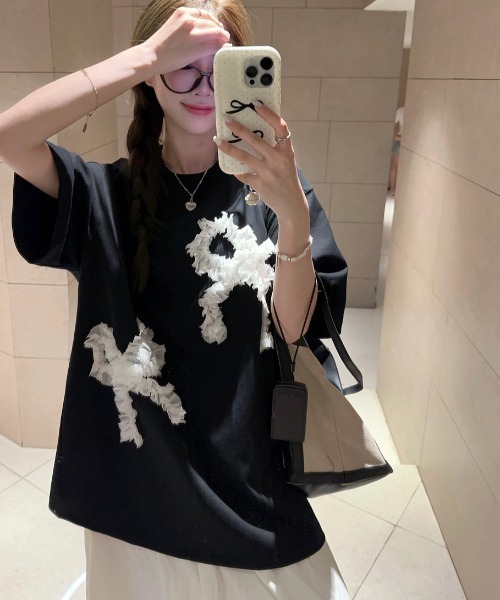 N.s(エヌドットエス)の「リボンドッキングオーバーサイズTEE(Tシャツ/カットソー・レディース・グレー/ホワイト/ブラック・FREE)」の16枚目の写真