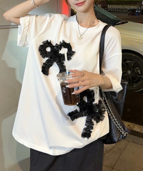 N.s(エヌドットエス)の「リボンドッキングオーバーサイズTEE(Tシャツ/カットソー・レディース・グレー/ホワイト/ブラック・FREE)」の18枚目の写真