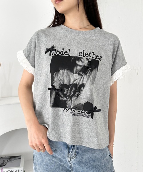 CLEA(クレア)の「レースリボンリメイクTシャツ(Tシャツ/カットソー・レディース・グレー/ホワイト・FREE)」の10枚目の写真