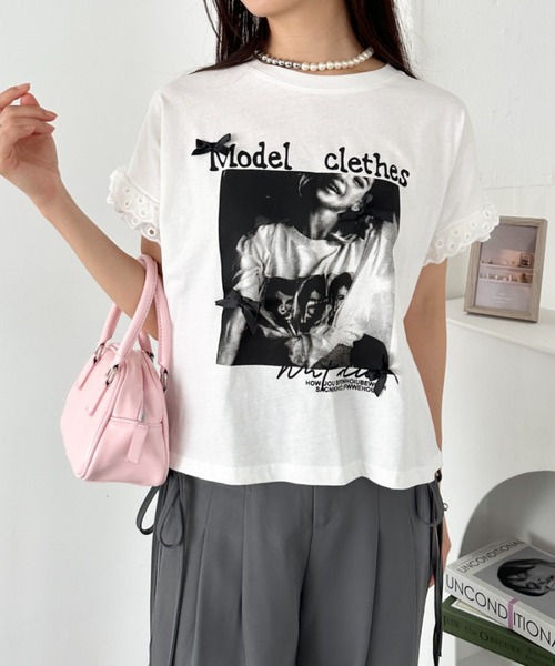 CLEA(クレア)の「レースリボンリメイクTシャツ(Tシャツ/カットソー・レディース・グレー/ホワイト・FREE)」の4枚目の写真