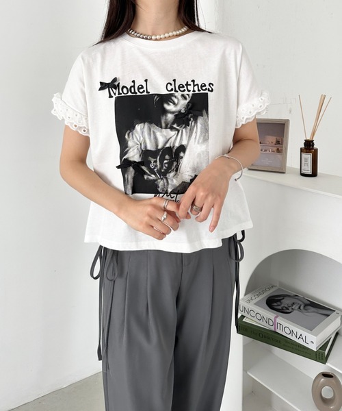 CLEA(クレア)の「レースリボンリメイクTシャツ(Tシャツ/カットソー・レディース・グレー/ホワイト・FREE)」の6枚目の写真