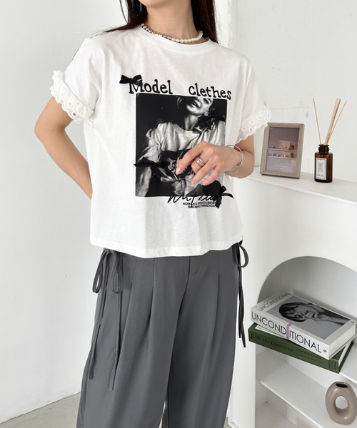 CLEA(クレア)の「レースリボンリメイクTシャツ(Tシャツ/カットソー・レディース・グレー/ホワイト・FREE)」の7枚目の写真