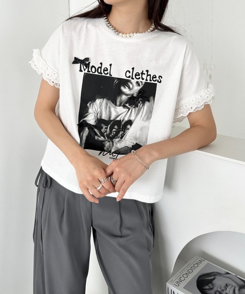 CLEA(クレア)の「レースリボンリメイクTシャツ(Tシャツ/カットソー・レディース・グレー/ホワイト・FREE)」の5枚目の写真