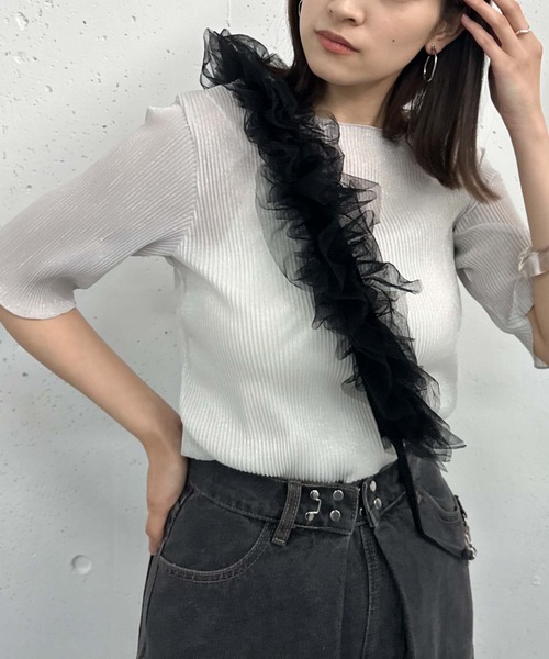 archives(アルシーヴ)の「ラメシアー半袖TOPS(Tシャツ/カットソー・レディース・ブラック/ブルー/オフホワイト/ミント・MEDIUM)」の2枚目の写真