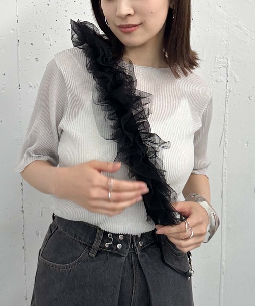 archives(アルシーヴ)の「ラメシアー半袖TOPS(Tシャツ/カットソー・レディース・ブラック/ブルー/オフホワイト/ミント・MEDIUM)」の5枚目の写真