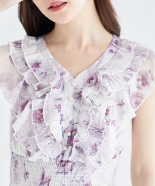 フリル付きパール装飾ウエストシャーリングフラワープリントプリーツワンピーストッコ トッコクローゼット tocco closet フリル付きパール装飾ウエスト