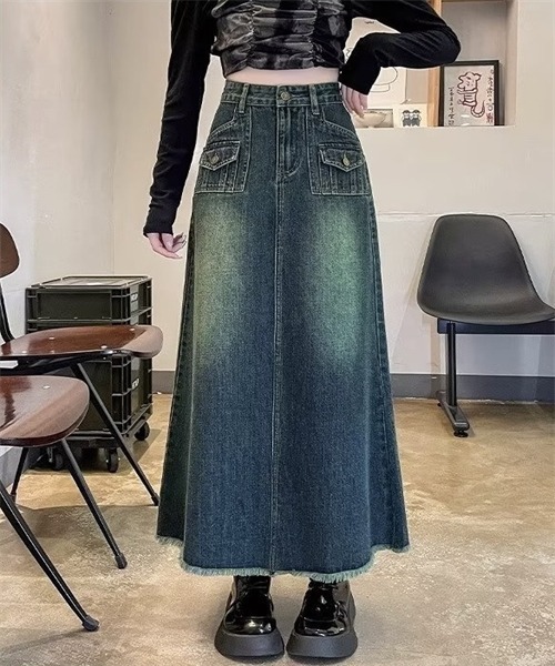 セール】ハイウエスト裾フリンジロングデニムスカート（デニムスカート