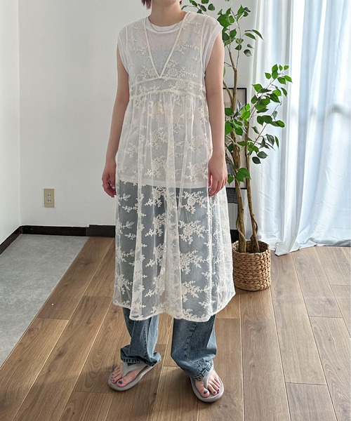 メッシュ 刺繍 スパンコール フラワー レイヤード ワンピース フラワー刺繍レイヤードワンピース（ワンピース）｜PILIT