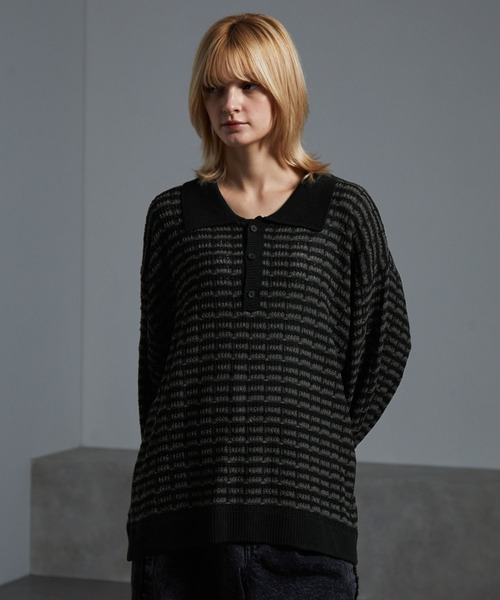 cussil(クシル)の「【cussil/クシル】ツイードタッチルーズシルエットニットポロ(ニット/セーター・メンズ・ブラック/ホワイト・M/L/S)」の1枚目の写真