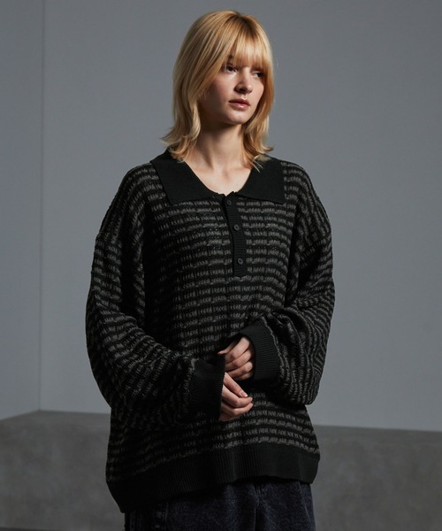 cussil(クシル)の「【cussil/クシル】ツイードタッチルーズシルエットニットポロ(ニット/セーター・メンズ・ブラック/ホワイト・M/L/S)」の3枚目の写真