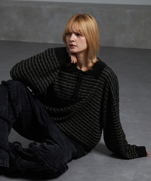 cussil(クシル)の「【cussil/クシル】ツイードタッチルーズシルエットニットポロ(ニット/セーター・メンズ・ブラック/ホワイト・M/L/S)」の4枚目の写真