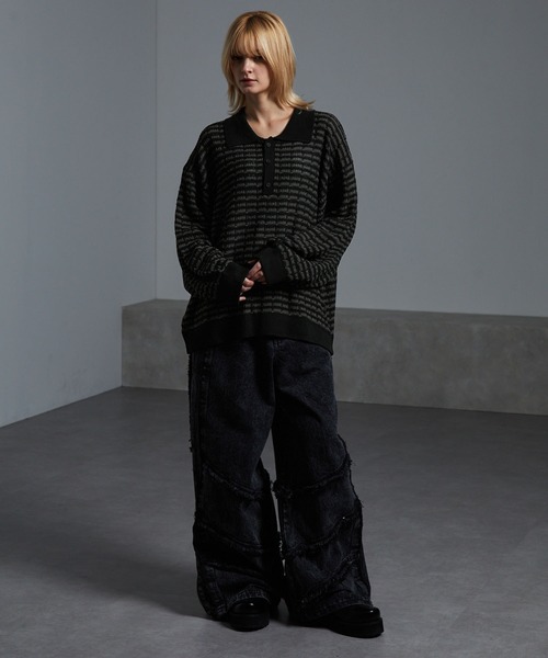 cussil(クシル)の「【cussil/クシル】ツイードタッチルーズシルエットニットポロ(ニット/セーター・メンズ・ブラック/ホワイト・M/L/S)」の11枚目の写真