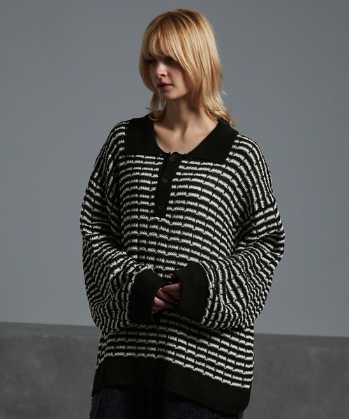 cussil(クシル)の「【cussil/クシル】ツイードタッチルーズシルエットニットポロ(ニット/セーター・メンズ・ブラック/ホワイト・M/L/S)」の17枚目の写真