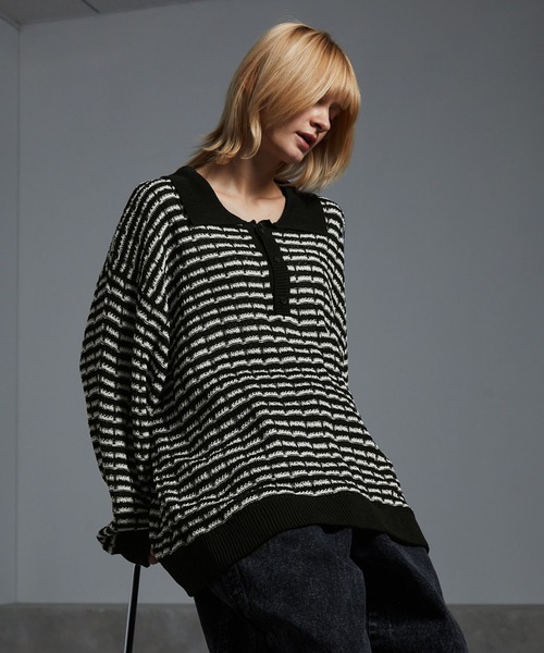 cussil(クシル)の「【cussil/クシル】ツイードタッチルーズシルエットニットポロ(ニット/セーター・メンズ・ブラック/ホワイト・M/L/S)」の20枚目の写真