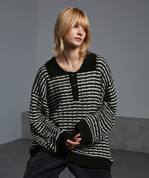 cussil(クシル)の「【cussil/クシル】ツイードタッチルーズシルエットニットポロ(ニット/セーター・メンズ・ブラック/ホワイト・M/L/S)」の22枚目の写真