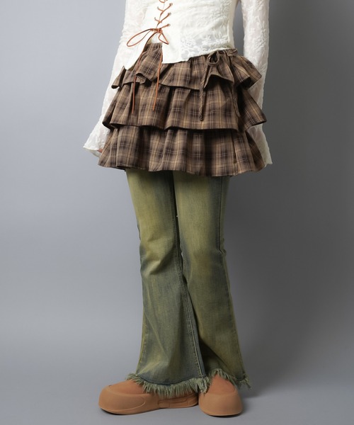 SPINNS（スピンズ）の「ティアードミニスカート/チェック/スカパン/インナーパンツ付き（スカート・レディース・グレー/ブラウン/カーキ・ONESIZE）」の22枚目の写真