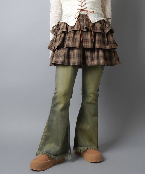 SPINNS（スピンズ）の「ティアードミニスカート/チェック/スカパン/インナーパンツ付き（スカート・レディース・グレー/ブラウン/カーキ・ONESIZE）」の21枚目の写真