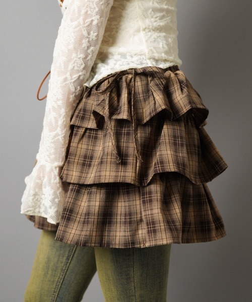 SPINNS（スピンズ）の「ティアードミニスカート/チェック/スカパン/インナーパンツ付き（スカート・レディース・グレー/ブラウン/カーキ・ONESIZE）」の20枚目の写真