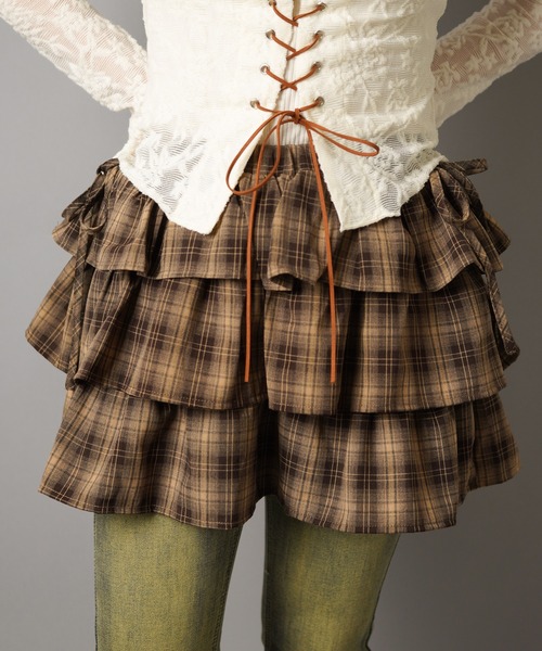 SPINNS（スピンズ）の「ティアードミニスカート/チェック/スカパン/インナーパンツ付き（スカート・レディース・グレー/ブラウン/カーキ・ONESIZE）」の17枚目の写真