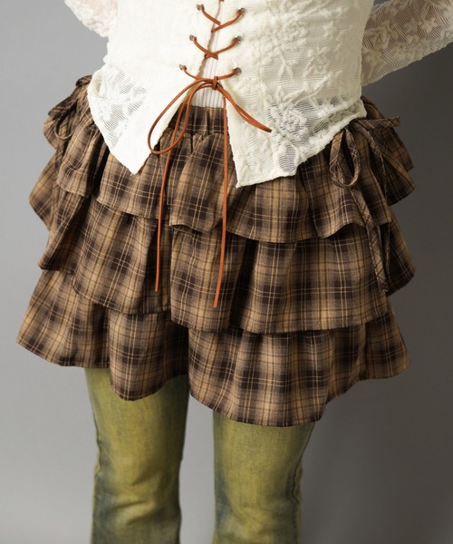 SPINNS（スピンズ）の「ティアードミニスカート/チェック/スカパン/インナーパンツ付き（スカート・レディース・グレー/ブラウン/カーキ・ONESIZE）」の18枚目の写真