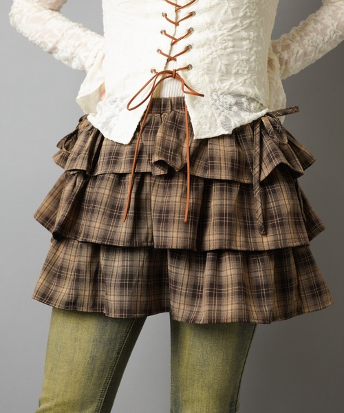 SPINNS（スピンズ）の「ティアードミニスカート/チェック/スカパン/インナーパンツ付き（スカート・レディース・グレー/ブラウン/カーキ・ONESIZE）」の16枚目の写真