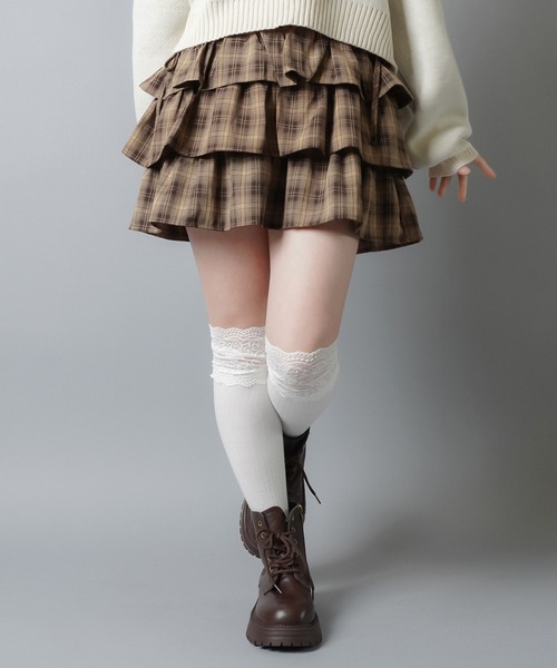 SPINNS（スピンズ）の「ティアードミニスカート/チェック/スカパン/インナーパンツ付き（スカート・レディース・グレー/ブラウン/カーキ・ONESIZE）」の14枚目の写真