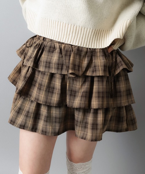 SPINNS（スピンズ）の「ティアードミニスカート/チェック/スカパン/インナーパンツ付き（スカート・レディース・グレー/ブラウン/カーキ・ONESIZE）」の11枚目の写真