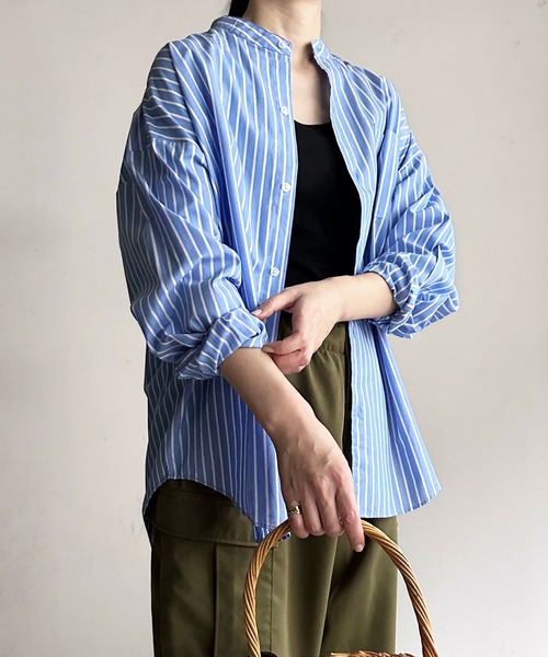 Magine（マージン）の「【SELECT】IR:ビッグサイズバンドカラーシャツL/S（シャツ/ブラウス・メンズ・イエロー/グリーン/ホワイト×ブルー/ブラック/グレイッシュベージュ/サックスブルー/グリーン系/サックスブルー系・L/XL/M）」の7枚目の写真