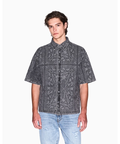 ARMANI EXCHANGE（アルマーニエクスチェンジ）の「【A|X アルマーニ エクスチェンジ】ペイズリープリント コットンリネンデニム 半袖シャツ/REGULAR+（シャツ/ブラウス・メンズ・ブラック・LARGE/MEDIUM/SMALL/X-LARGE/X-SMALL/XX-LARGE）」の7枚目の写真