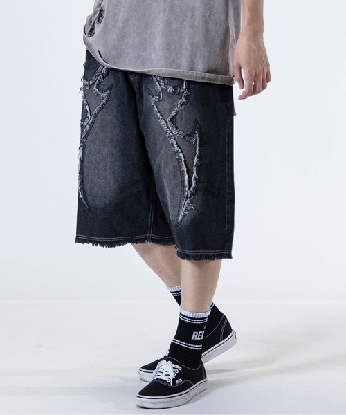 JOHN'S CLOSET（ジョンズクローゼット）の「【31】バイアス＆トライバル フリンジデザイン  5ポケット デニムハーフパンツ（デニムパンツ・メンズ・ブラック系2/ネイビー系1/ブラック系1/ネイビー系2・LARGE/MEDIUM）」の5枚目の写真