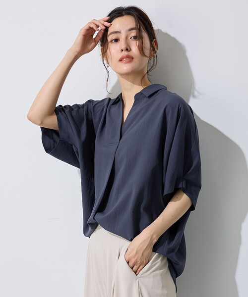 セール】【新色追加】スキッパーネック袖タックブラウス（シャツ