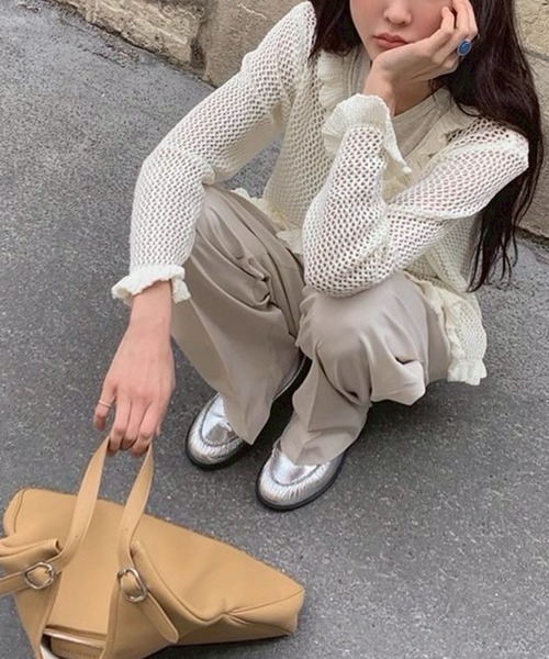 ルネ♡フリルカーディガン セール】フリル透かし編みニットカーディガン（ニット/セーター