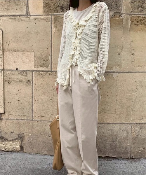 セール】フリル透かし編みニットカーディガン（ニット/セーター