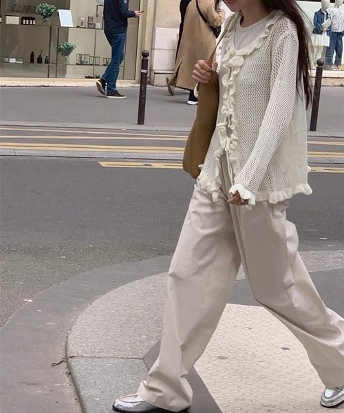 セール】フリル透かし編みニットカーディガン（ニット/セーター