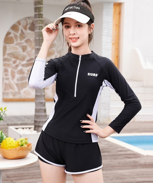 セール】キッズスクール水着 長袖ジップラッシュガード+レイヤード風