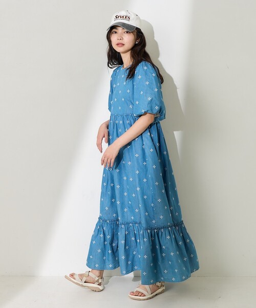✨パラスパレス 十日小花刺繍ワンピース（インディゴ） セール】インド 小花柄刺繍パフワンピース/バックオープン