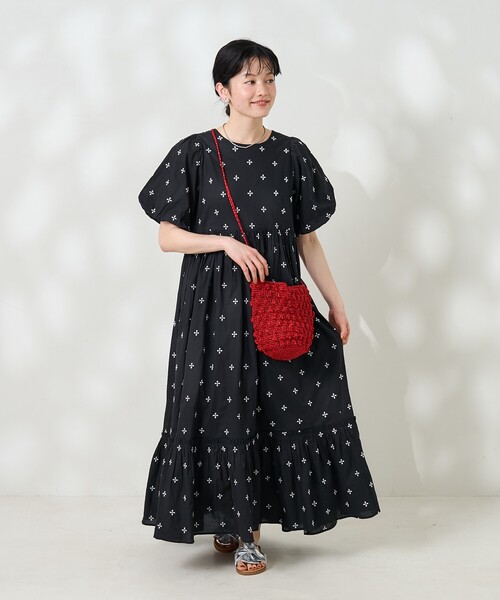 【限定セール！】 セール】インド 小花柄刺繍パフワンピース/バックオープン ワンピース
