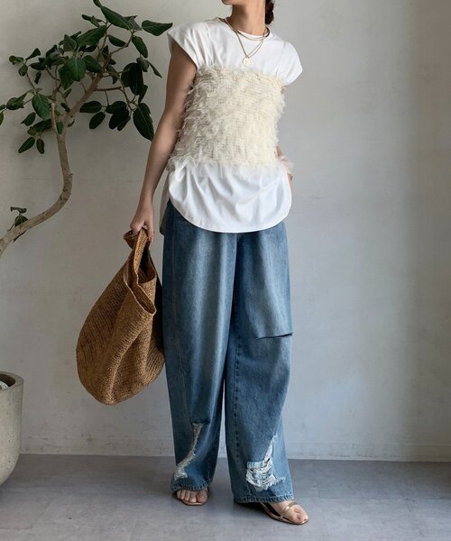 DouDou（ドゥドゥ）の「【WEB限定】ビスチェ＋Tシャツセット（Tシャツ/カットソー・レディース・ブラック/オフホワイト・FREE）」の3枚目の写真