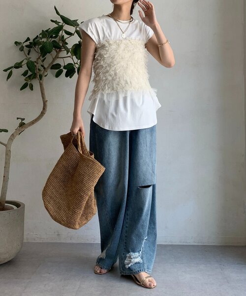 DouDou（ドゥドゥ）の「【WEB限定】ビスチェ＋Tシャツセット（Tシャツ/カットソー・レディース・ブラック/オフホワイト・FREE）」の5枚目の写真